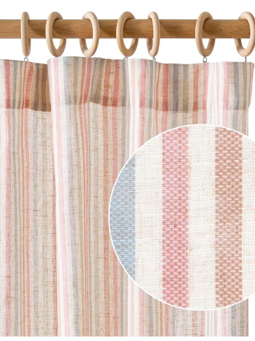 Striped Linen Curtain Panel in Pink, Blue & Beige